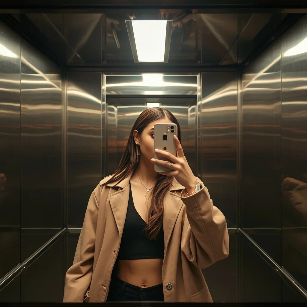 Elevator Selfie Reflection Girl – Modern Viral Influencer Look | ChatGPT Ai Prompt