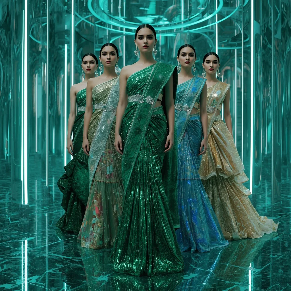 Emerald Aurora Hyperqueen Saree with Multi Editorial Poses and Crystal Neon Universe | Ai Image Prompt