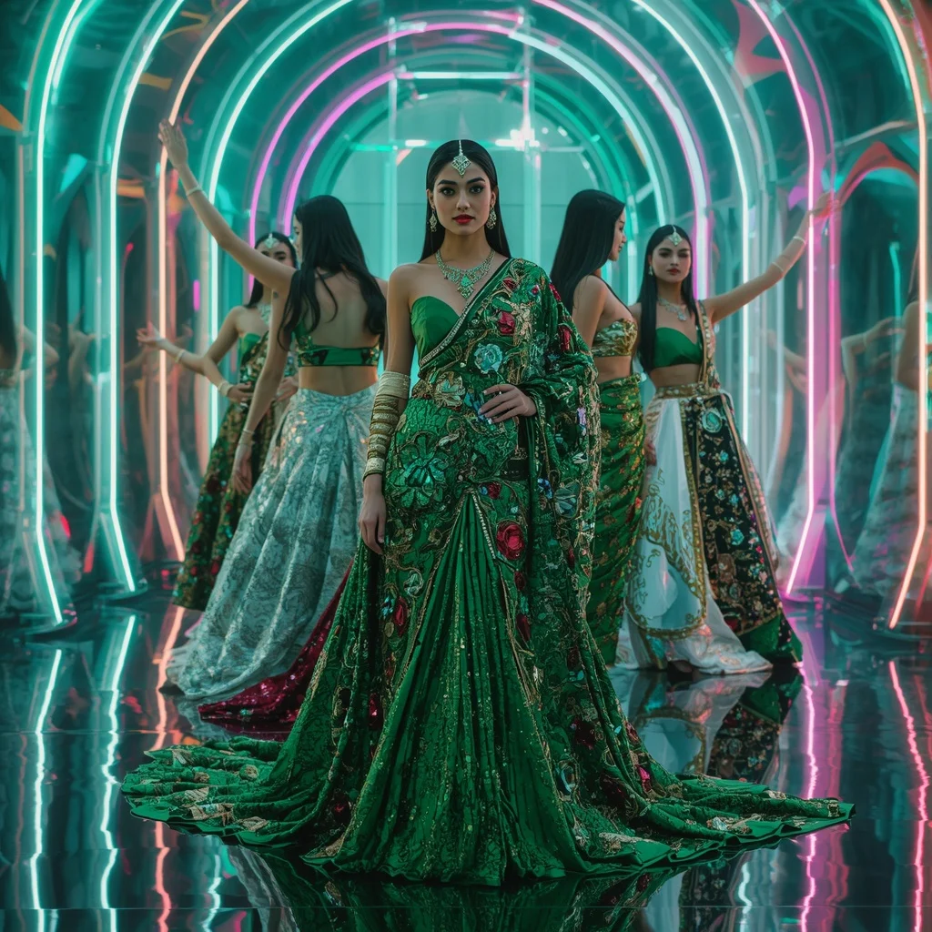 Emerald Cosmic Hyperqueen Saree with Multi Editorial Frames and Holographic Neon Hyperrealm | Ai Image Prompt