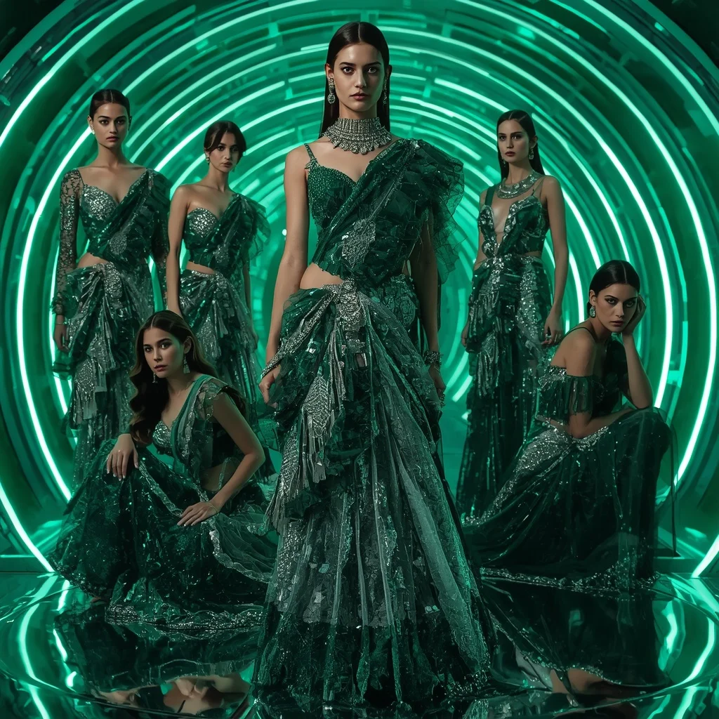 Emerald Cyber Nova Saree with Curved Neon Orbit Dome | Best Ai Prompt 2026