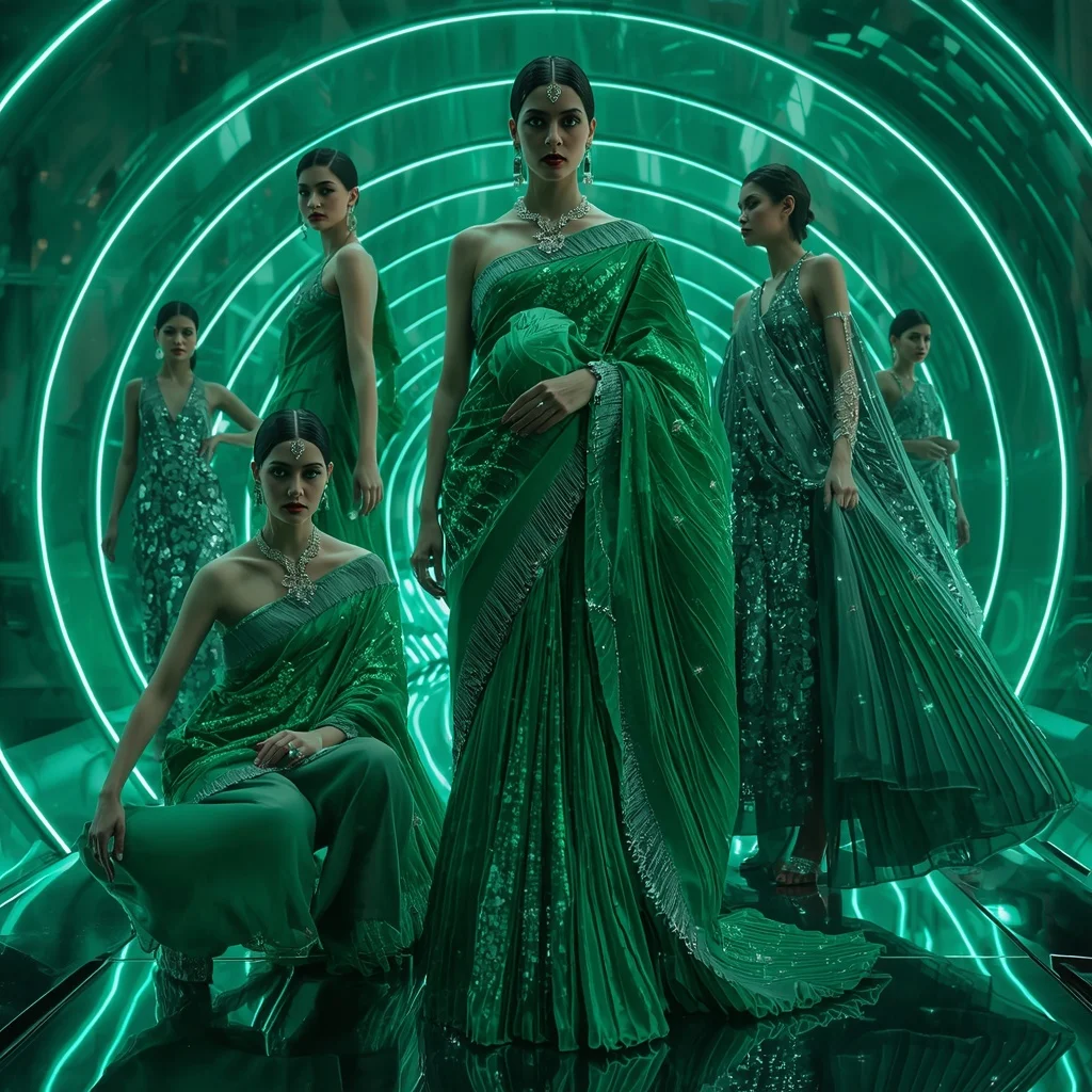 Emerald Cyber Nova Saree with Curved Neon Orbit Dome | Viral Instagram Ai Prompt