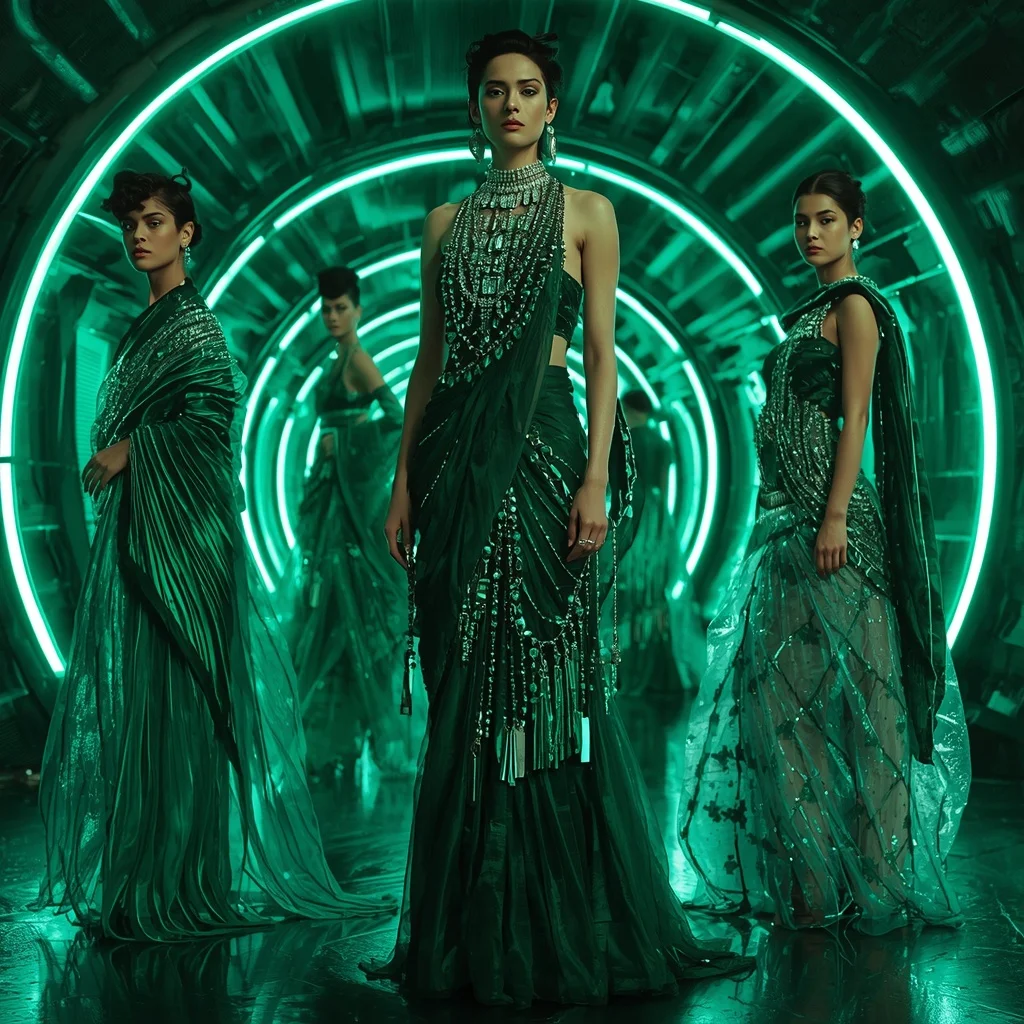 Emerald Cyber Nova Saree with Curved Neon Orbit Hall | Viral Instagram Ai Prompt