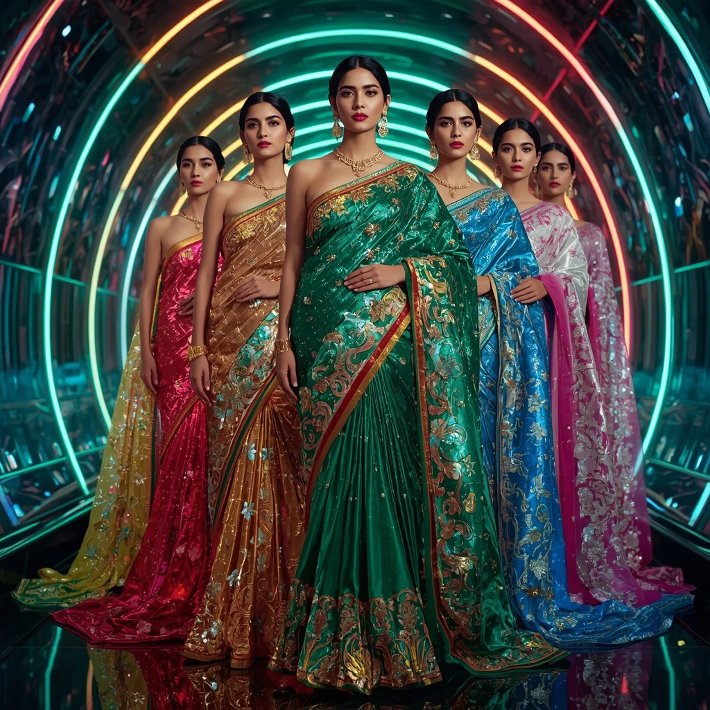 Emerald Fire Infinity Hyperverse Saree with Multi Pose Fashion Story and Neon Palace Quantum Hyperdimension | New Design Ai Prompt
