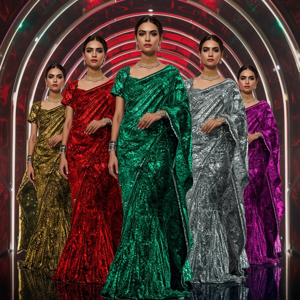 Emerald Fire Quantum Hyperverse Saree with Multi Pose Fashion Story and Neon Palace Eternal Hypercosmos | Image To Prompt