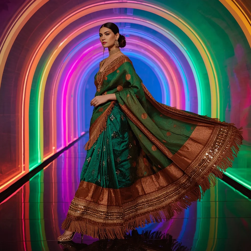 Emerald Firestorm Mirror Saree with Curved Plasma Sanctuary | Instagram Highlight Cover Ai Prompt