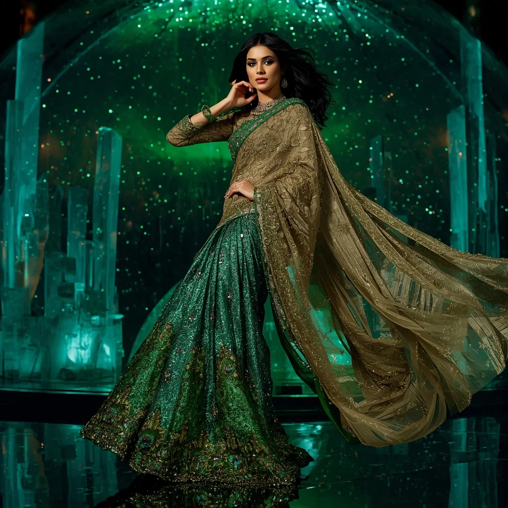 Emerald Galaxy Inferno Saree with Floating Crystal Dome | Saree Selfie Ai Prompt