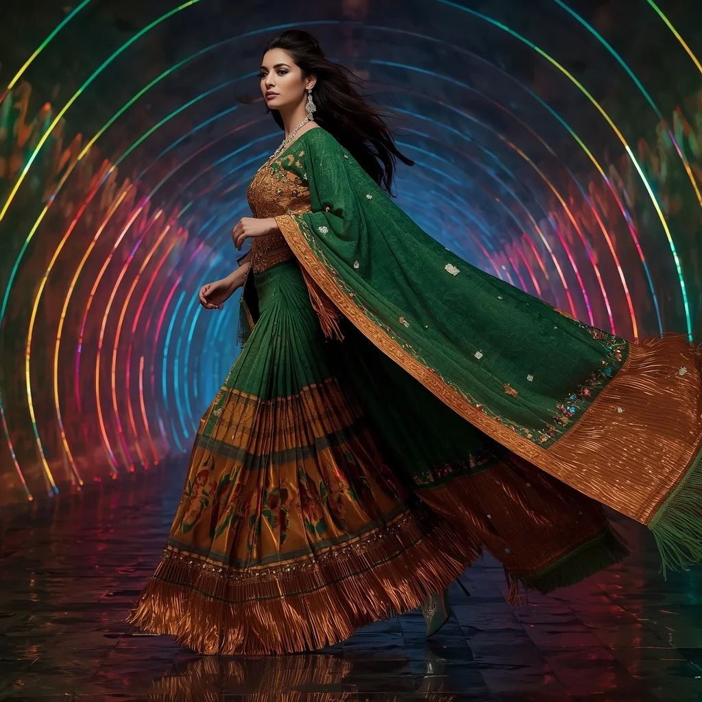 Emerald Inferno Royale Saree with Curved Plasma Empire | Desi Girl Ai Prompt