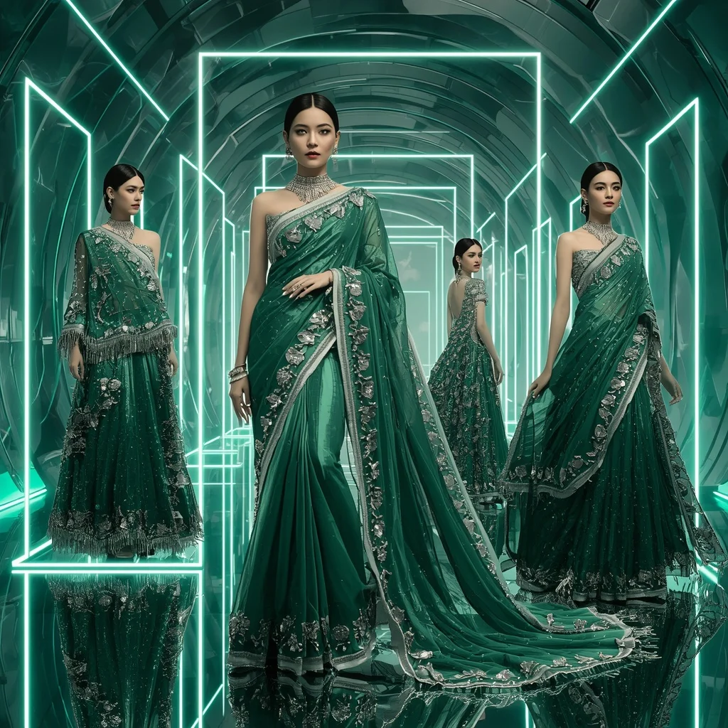 Emerald Moonlight Prism Saree with Floating Halo Frames | Cute Ai Prompt