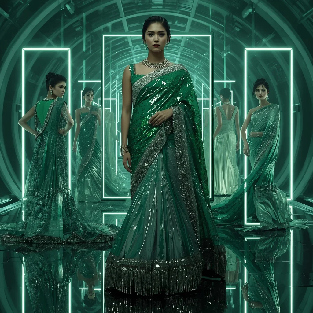 Emerald Moonlight Prism Saree with Floating Halo Frames | Grok Ai Prompt