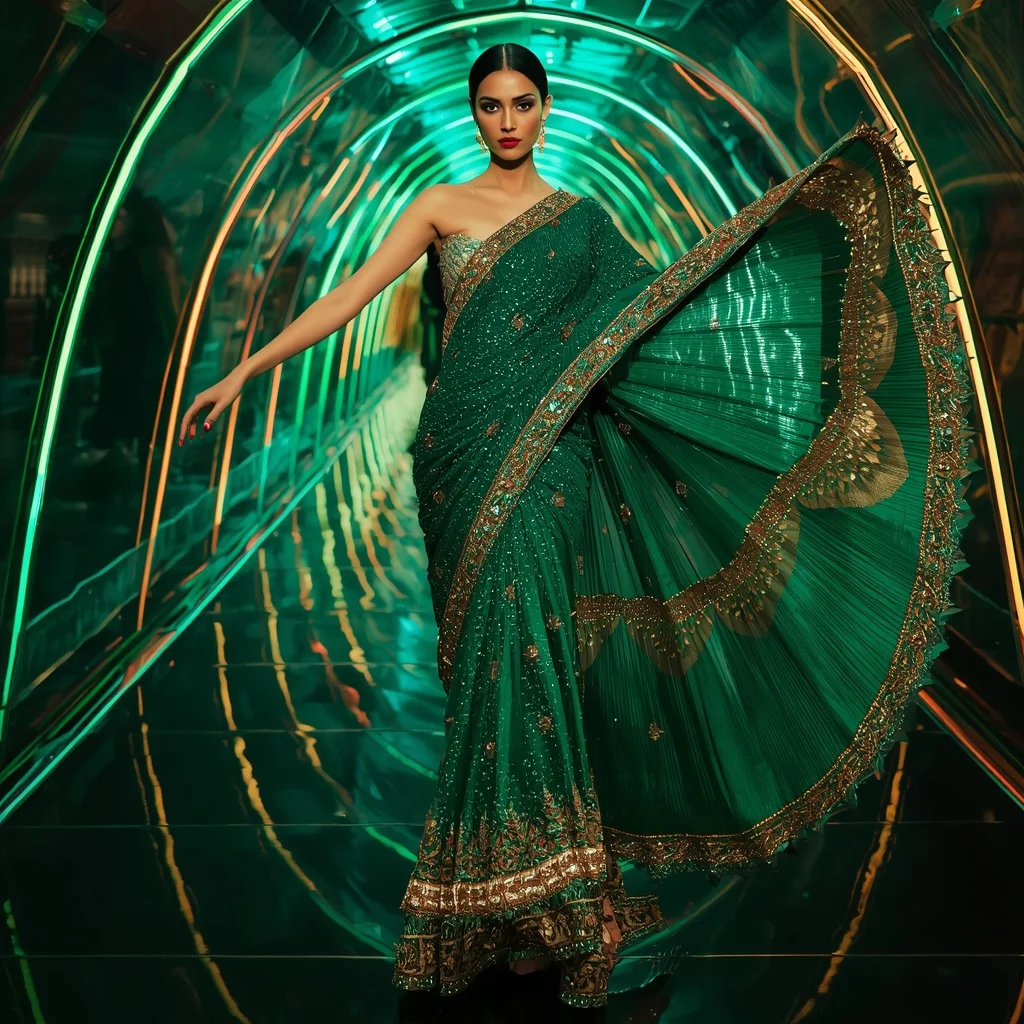 Emerald Phoenix Crystal Saree with Prism Reflection Tunnel | ChatGPT Ai Prompt