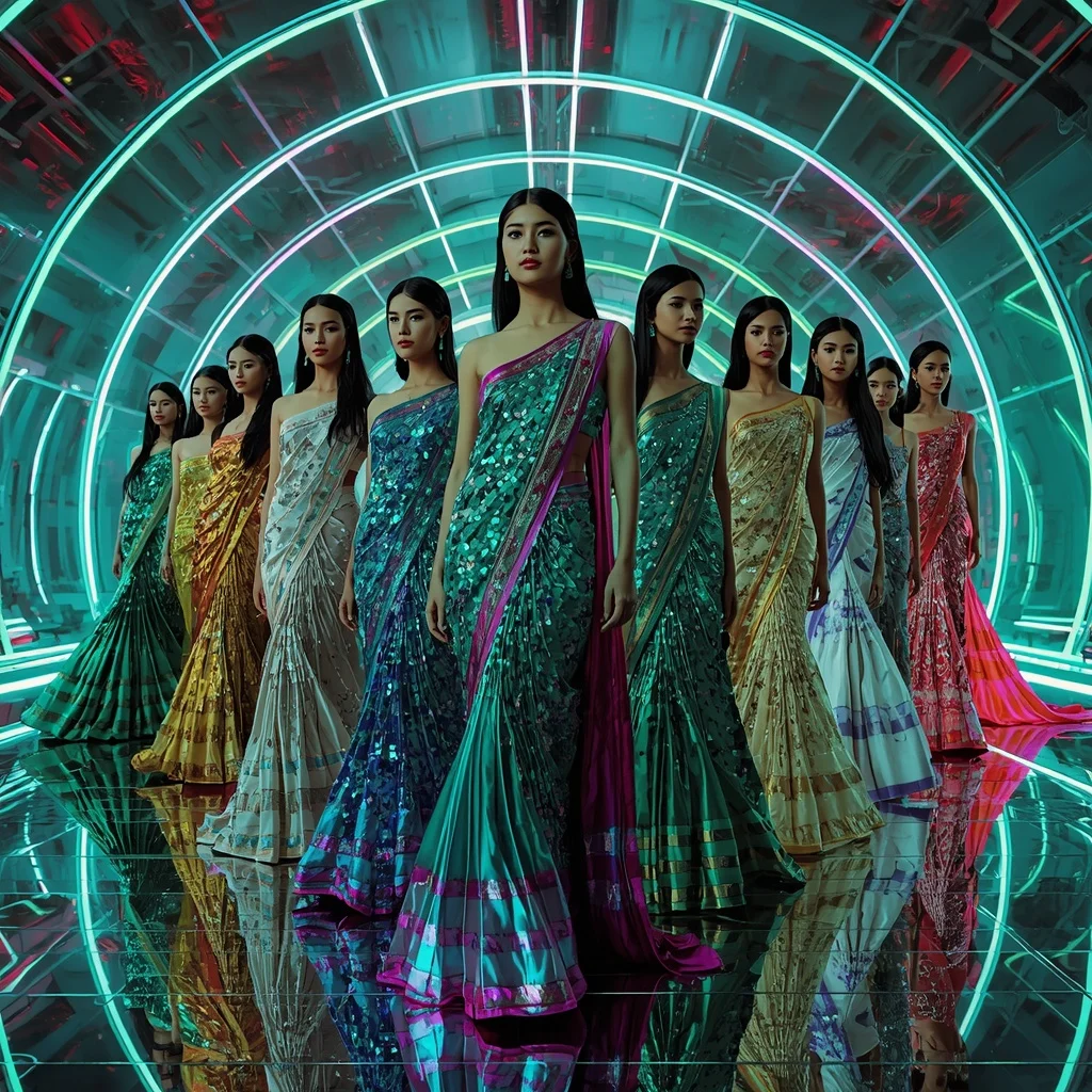 Emerald Thunder Hypergoddess Saree with Dynamic Fashion Poses and Neon Orbit Crystal Palace | Ai Art Prompt