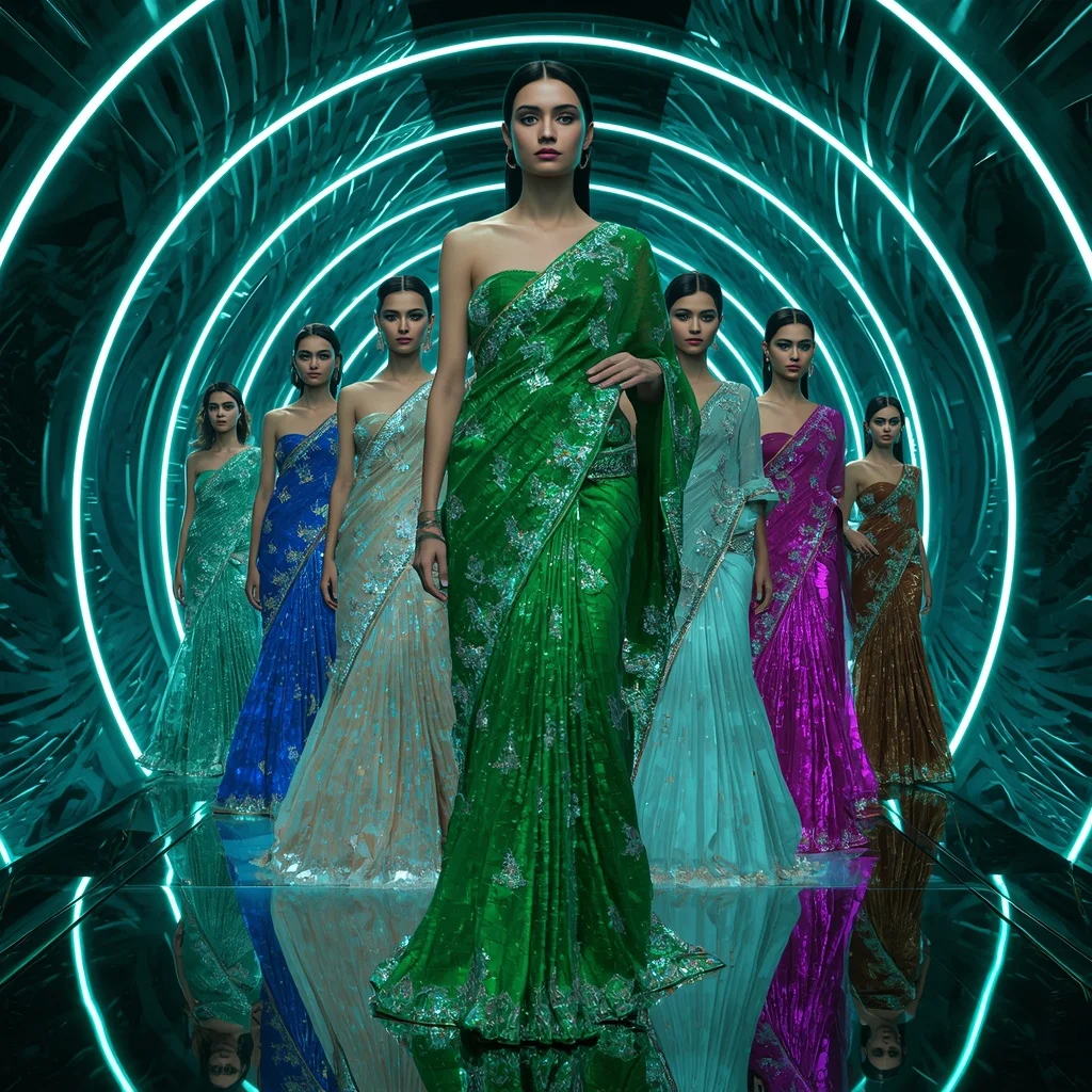 Emerald Thunder Infinity Saree with Dynamic Fashion Poses and Neon Orbit Hypercosmos | Gemini Ai Prompt For Instagram