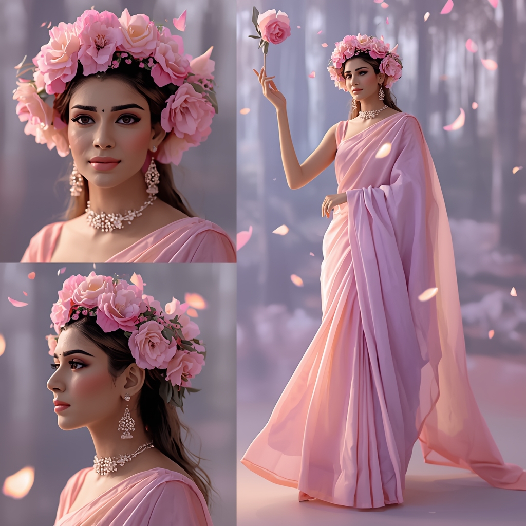 Enchanted Luxury Pastel Saree Image Prompt for Women with Levitating Flower Crown and Fantasy Glow | Saree Selfie Ai Prompt