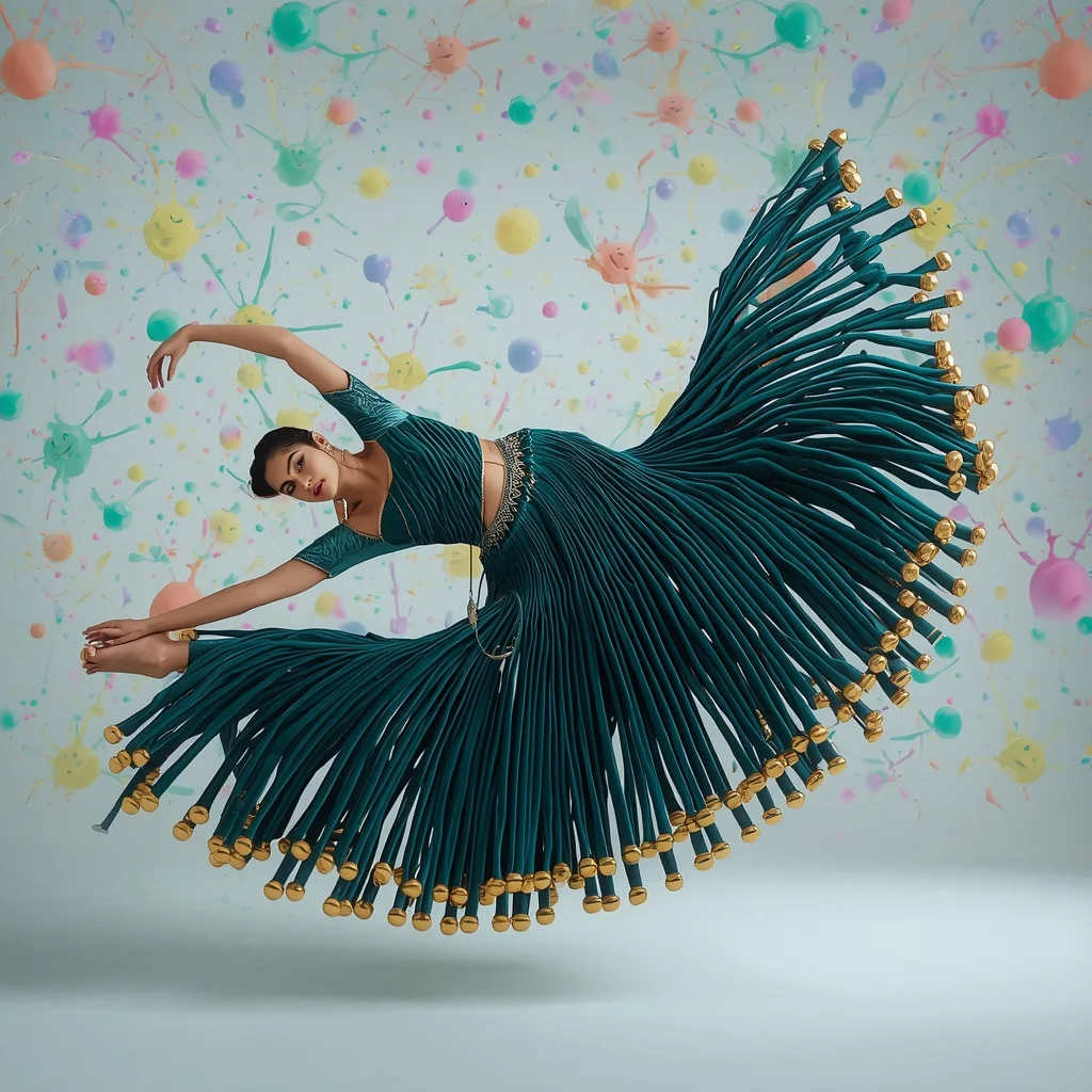 Extreme 3D Velvet Ribbon & Bullion Knot Saree: Teal | The Sideways Mid-Air Hover Stretch | Frozen Glowing Paint Splashes | Saree Photo Ai Prompt