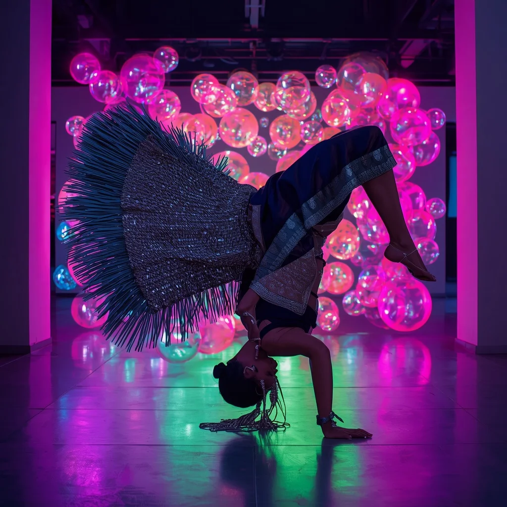 Extreme 5-Inch Thick Silver Gota Patti Saree: Navy Raw Silk | The Backward Falling Bridge Catch Pose | Glowing Neon Quantum Bubbles | Gemini Ai Saree Photo