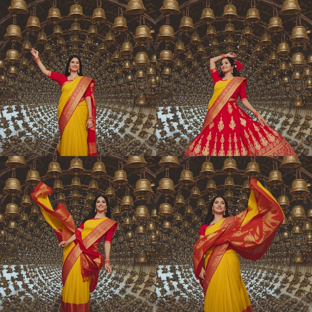 Fancy Festival Saree Infinity Room Bells multi-pose | Joyful Editorial Aesthetic | Prompt For Gemini Saree