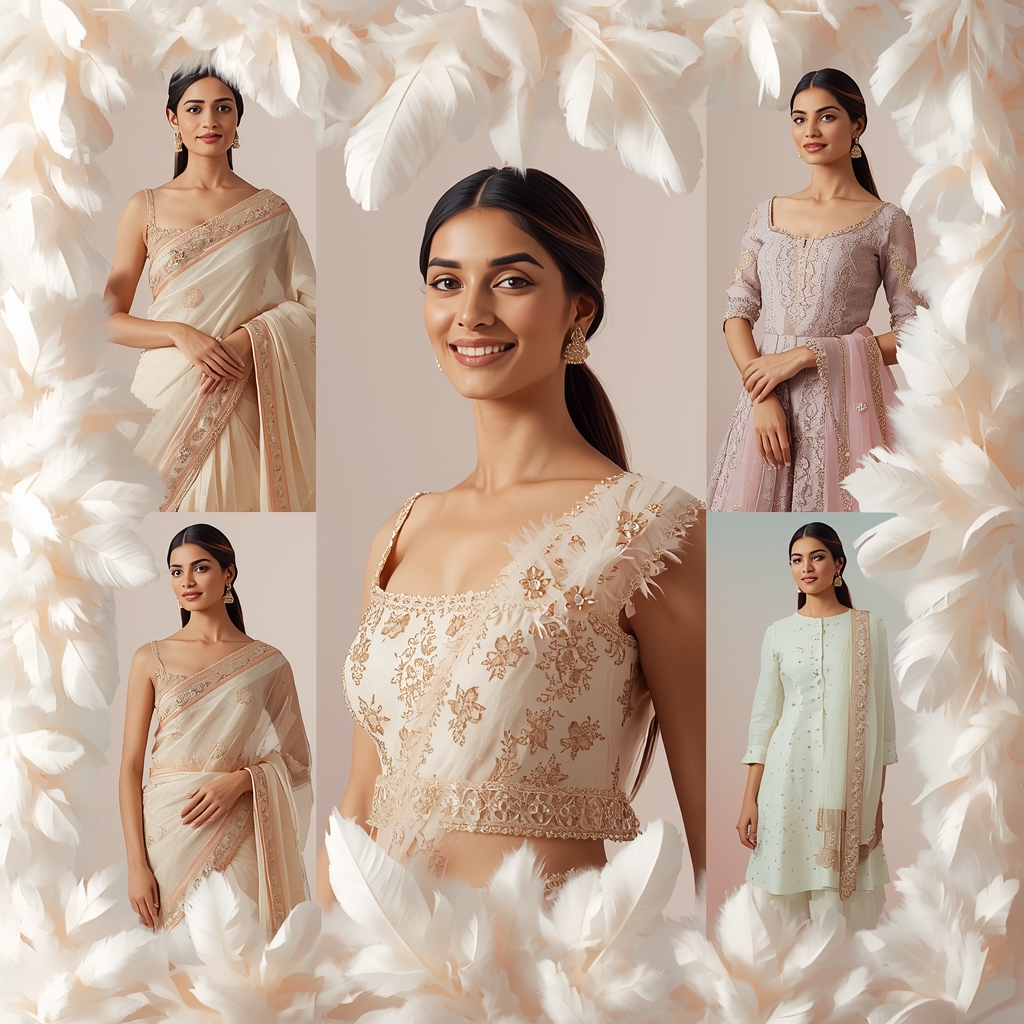 Feather Frame Indian Dress Collage Image Prompt Festive Fashion | Ai Prompt