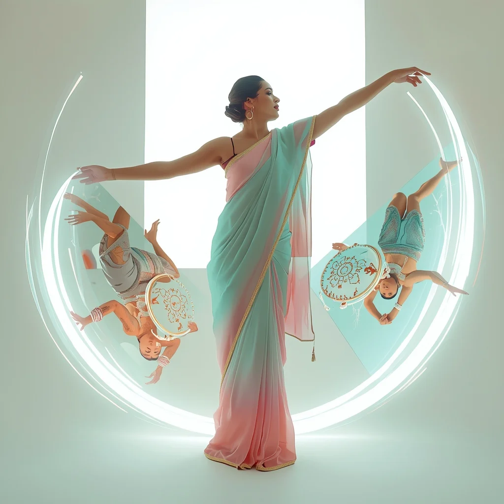 Festival Fancy Saree Metamaterial Phantom-Edge Satin | Saree Pose Ai Prompt For Image Generation