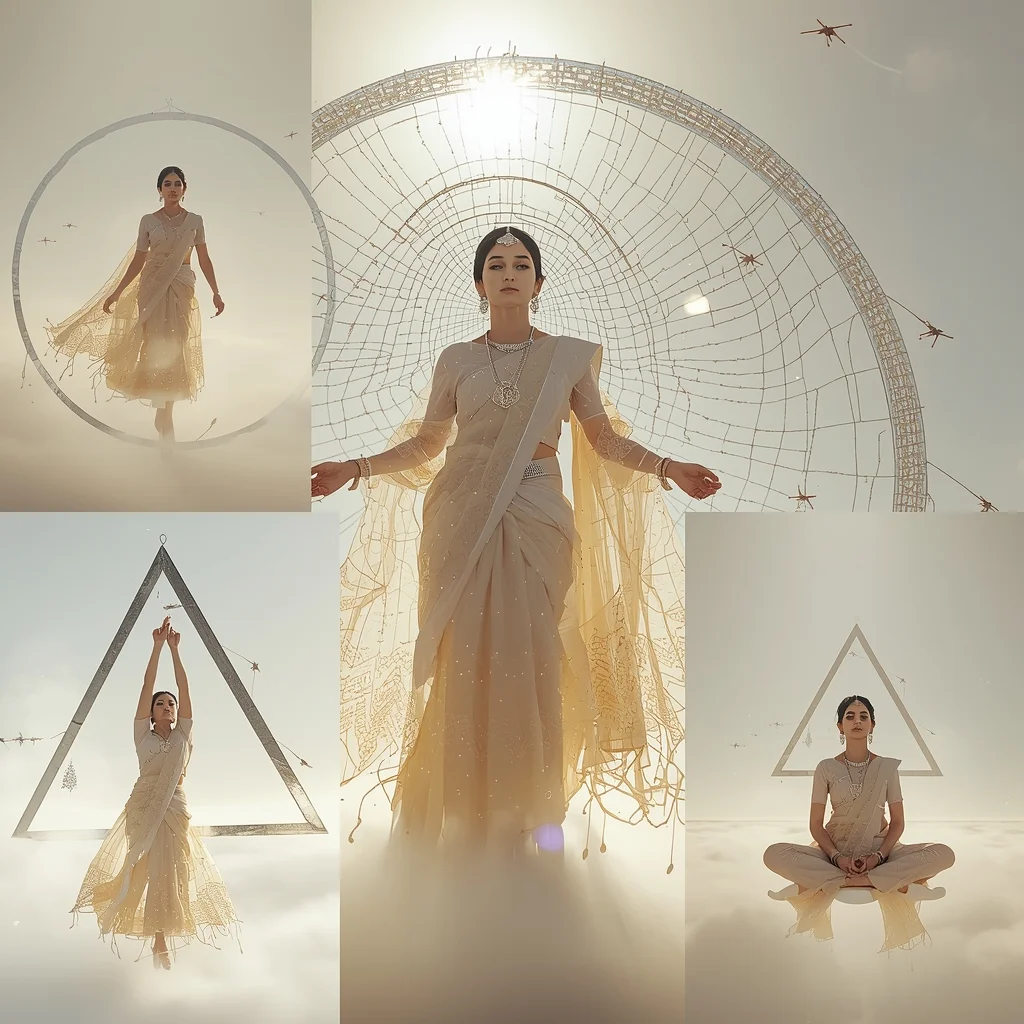 Festival Fancy Saree Nano-Drone Suspended Star-Web | Gemini Saree Prompt Text