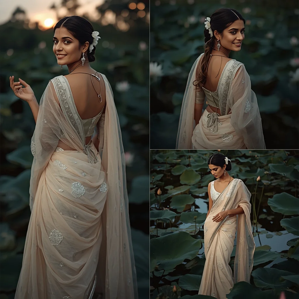 Festival Fancy Saree Twilight Floating Lotus multi-pose | Serene Editorial Look | Indian Bride Saree Ai Prompt