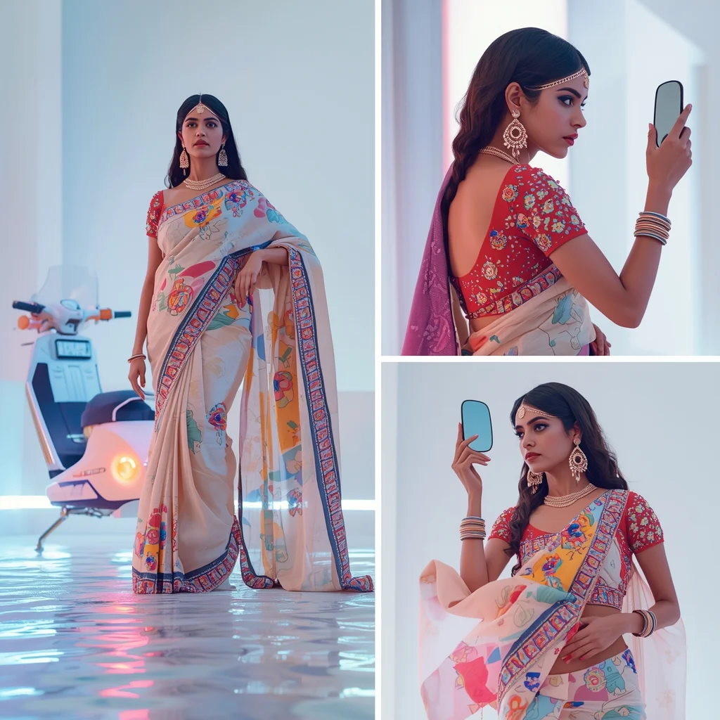 Festival Fancy Saree Upcycled Tech-Waste Embroidery | Saree Reel Ai Prompt