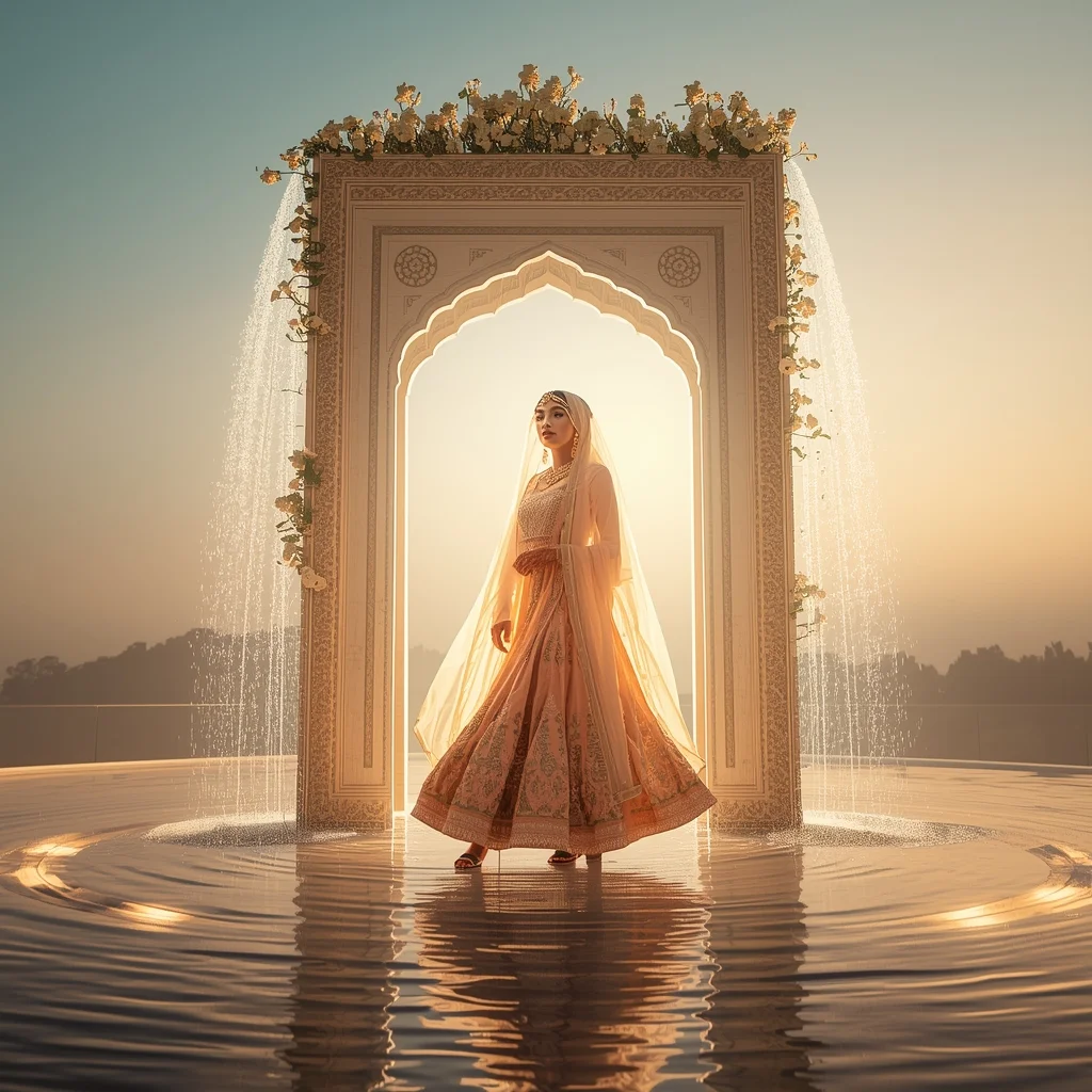 Festive Anarkali Suit Luminous Mughal Garden Fountain Collage | Dream Glow Prompt | Wedding Saree Ai Prompt
