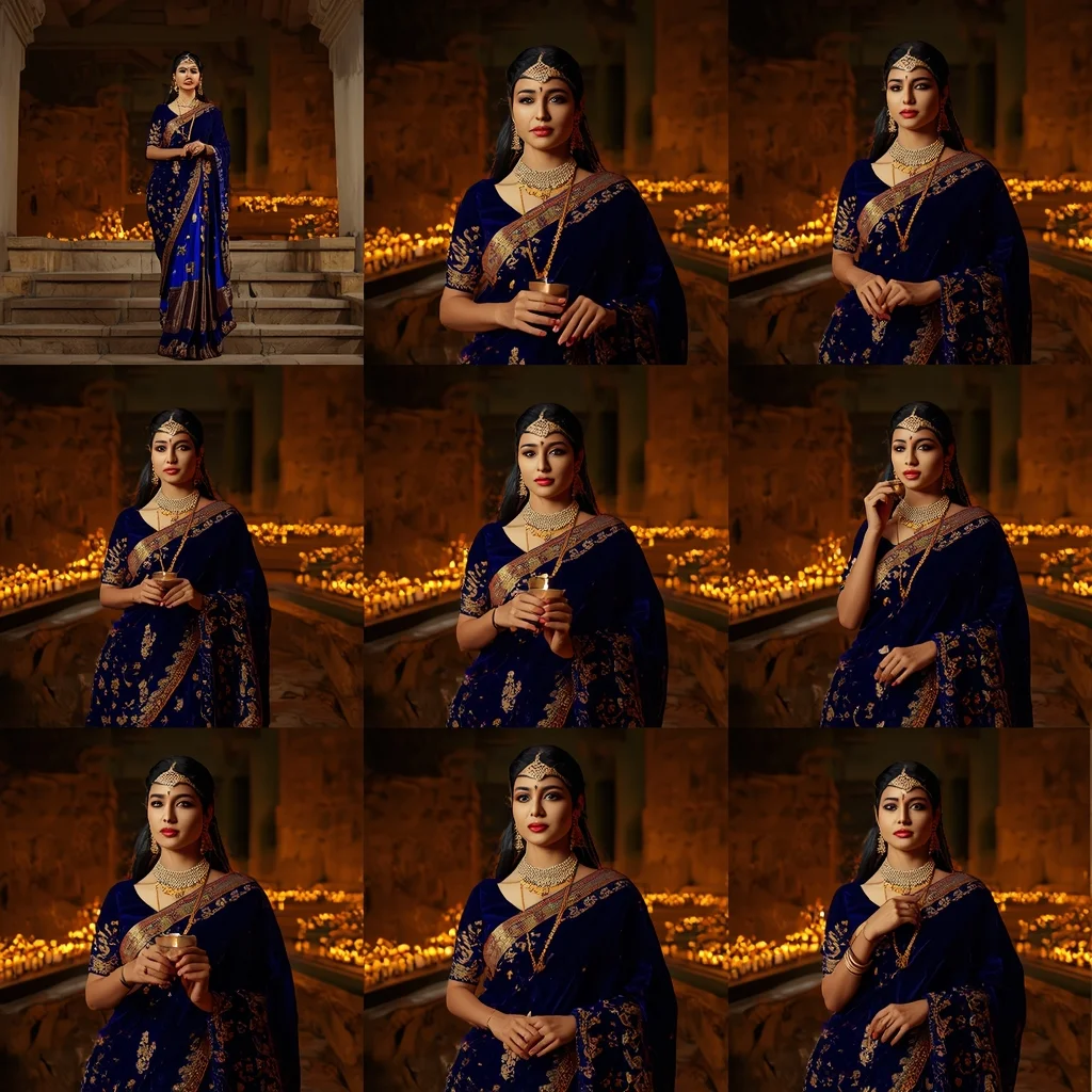 Festive Fancy Saree Candle-lit Stepwell multi-pose | Regal Editorial Look | Saree Pose Ai Prompt For Image Generation