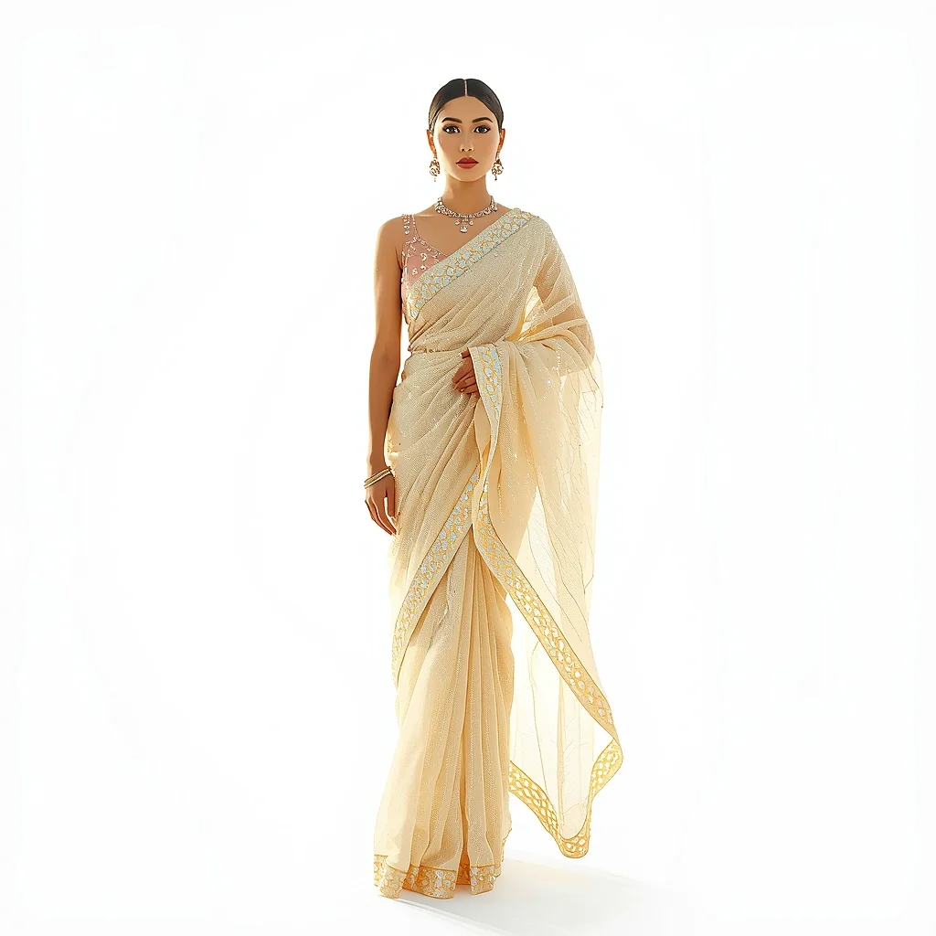 Festive Fancy Saree Plasma-Coated Pearl-Thread Tulle | Saree Prompt Generator