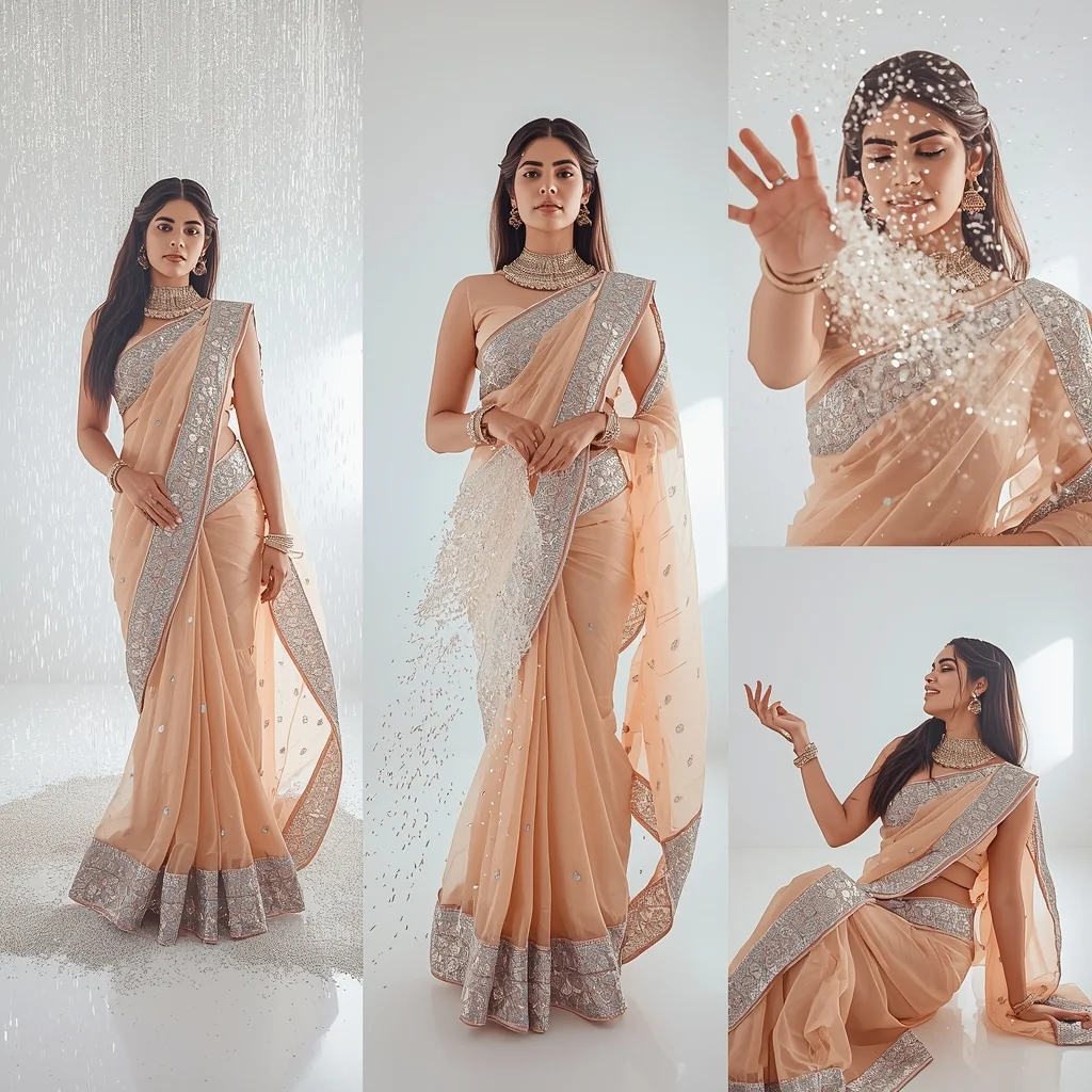 Festive Fancy Saree Pure White Room Silver Glitter 5-Frame | Indian Saree Ai Prompt