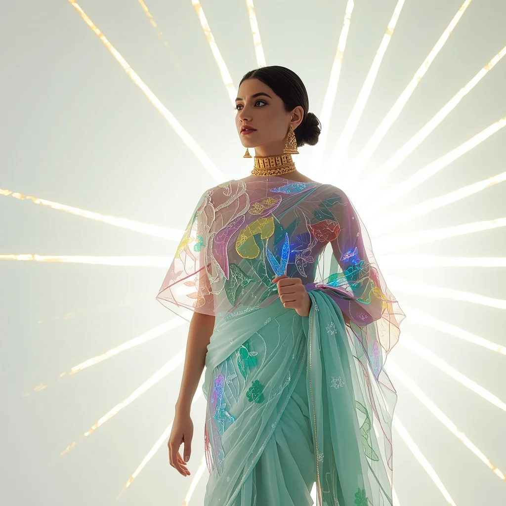 Festive Fancy Saree Sculptural Fused-Glass blouson | Beautiful Saree Girl Ai Prompt