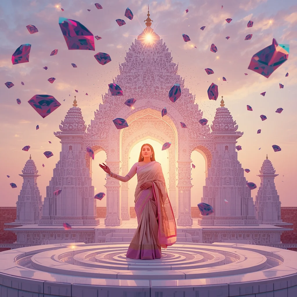 Festive Pastel Saree Acoustic Crystal Cymatic Temple Collage Premium Cinematic | Saree Prompt For Girls