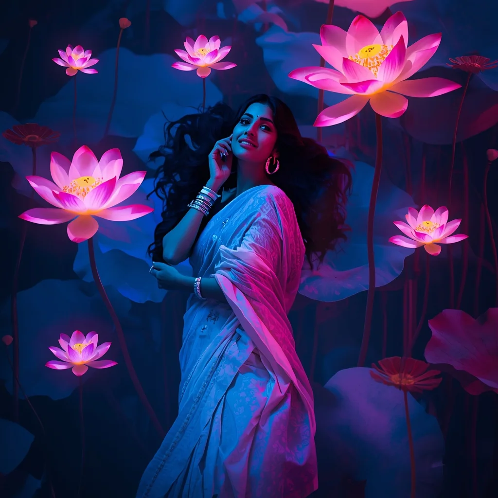 Festive Pastel Saree Bioluminescent Abyssal Lotus Float Collage Luxury Cinematic | Saree Pose Ai Prompt