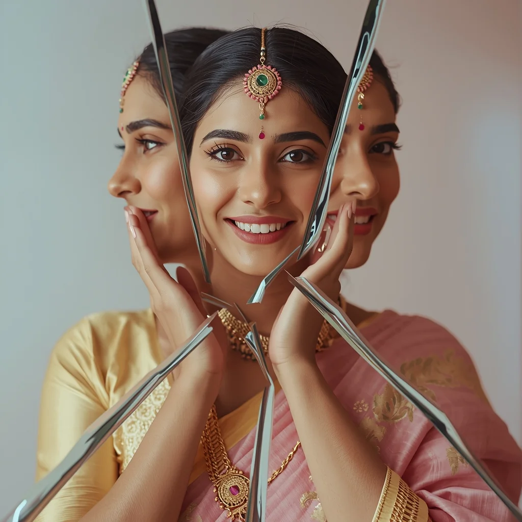 Festive Pastel Saree Broken Mirror Collage | Indian Girl Fragment Reflection Aesthetic Soft Cinematic Viral Prompt | Saree Prompt Copy Paste
