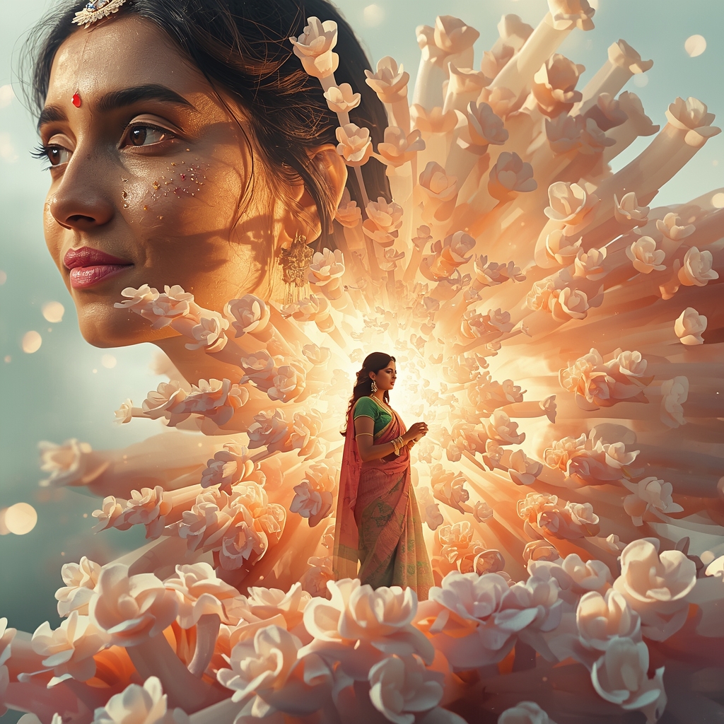 Festive Pastel Saree Celestial Bloom Explosion Collage | Organic Energy Luxury Prompt | Traditional Saree Ai Prompt