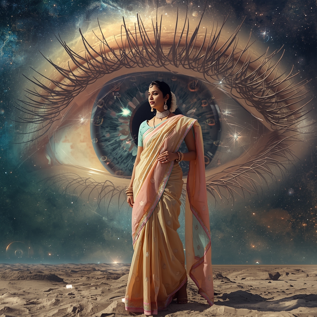 Festive Pastel Saree Conscious Universe Eye Core Collage | Omniversal Awareness Prompt | Gemini Saree Ai Photo Prompt