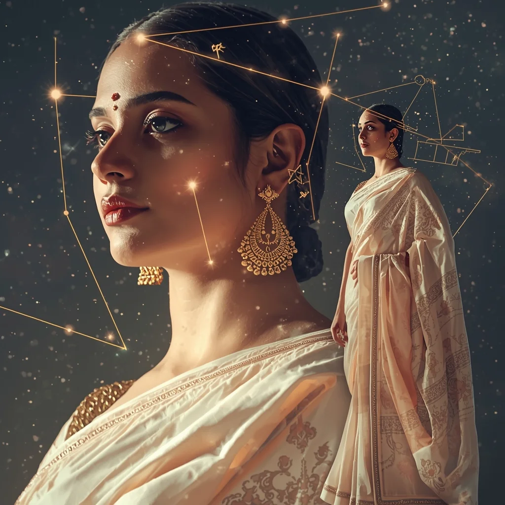 Festive Pastel Saree Cosmic Bone Structure Constellation Collage | Astral Skeleton Sovereign Prompt | Saree Prompt For Girls