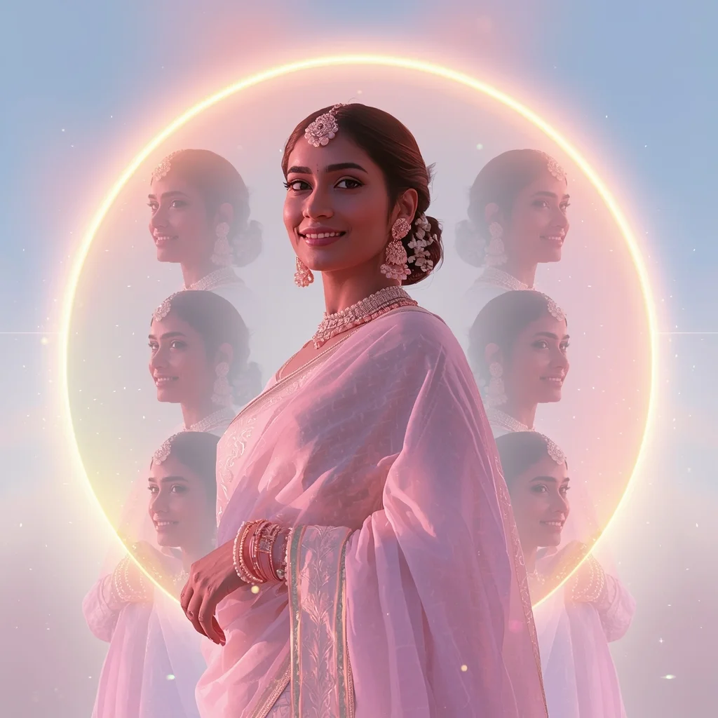 Festive Pastel Saree Crystal Aura Horizon Bloom Collage Cinematic Aesthetic | Prompt For Gemini Ai Girl Natural Images