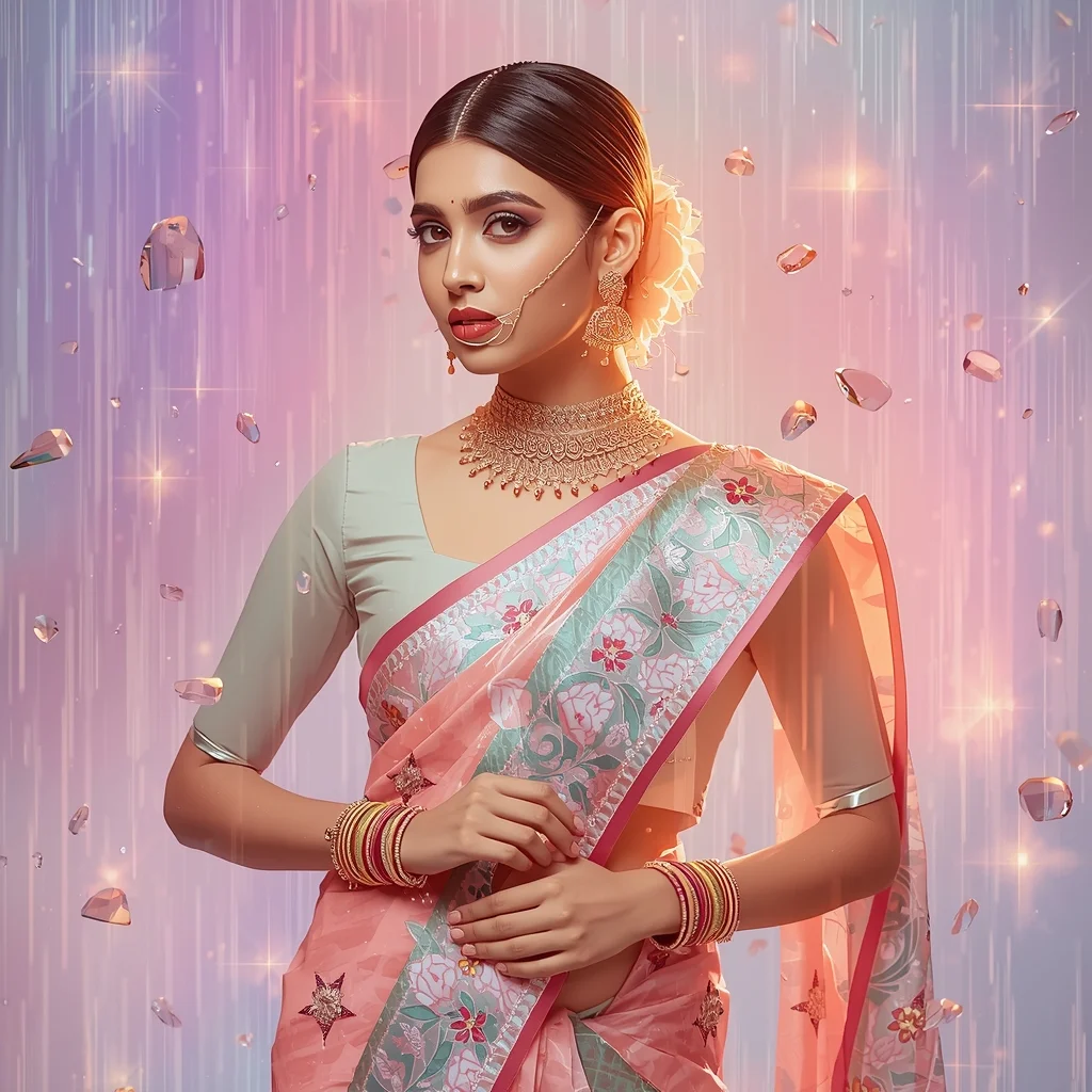 Festive Pastel Saree Crystal Light Rain Collage Luxury Aesthetic | Saree Ai Prompt Copy Paste For Gemini