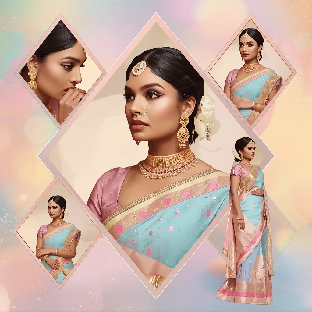Festive Pastel Saree Diamond Frame Luxury Collage | Indian Girl Jewel Cut Aesthetic Cinematic Viral Prompt | Bridal Saree Ai Prompt For Instagram Reel