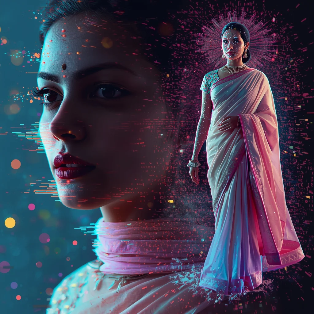 Festive Pastel Saree Digital Pixel Dissolve Reality Collage | Glitch Art Prompt | Gemini Ai Saree Photo