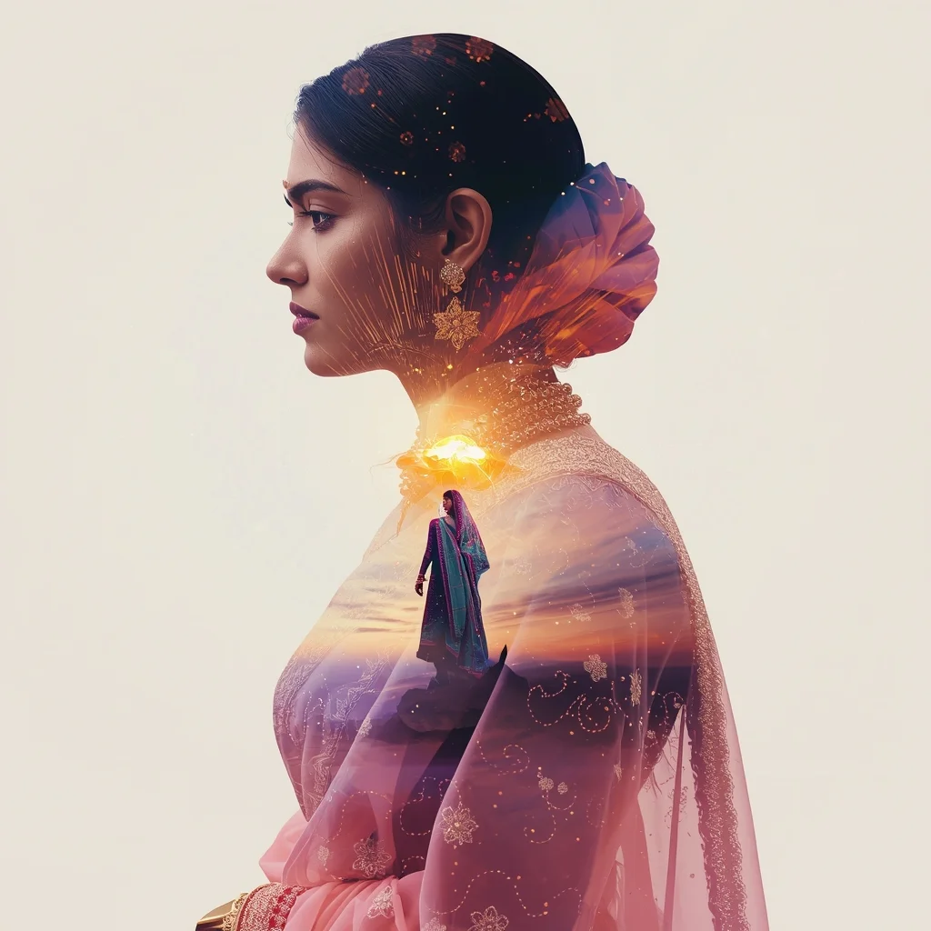 Festive Pastel Saree Double Exposure Pulse Prism Galaxy Collage | Artistic Eternal Prompt | Indian Girl Saree Ai Prompt 4k Realistic
