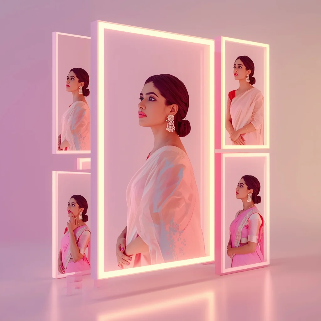 Festive Pastel Saree Floating Light Panels Collage Premium Aesthetic | Wedding Saree Ai Prompt