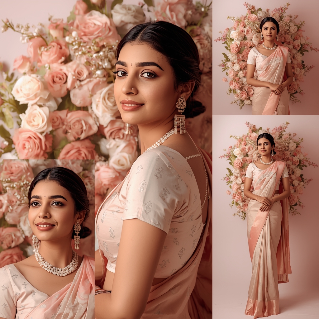 Festive Pastel Saree Floral Explosion Collage | Indian Girl Blooming Flower Aesthetic Soft Cinematic Viral Prompt