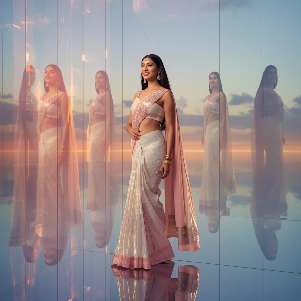 Festive Pastel Saree Glass Shine Horizon Reflection Collage Premium Cinematic | Instagram Prompt For Traditional Look For Girl In English
