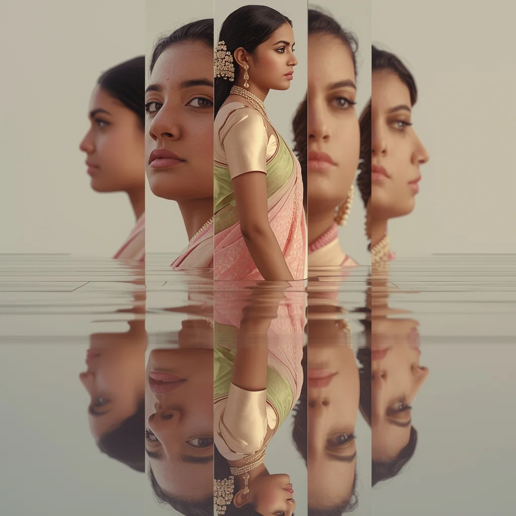 Festive Pastel Saree Glass Split Collage | Indian Girl Reflection Break Aesthetic Cinematic Viral Prompt | Bridal Saree Ai Prompt