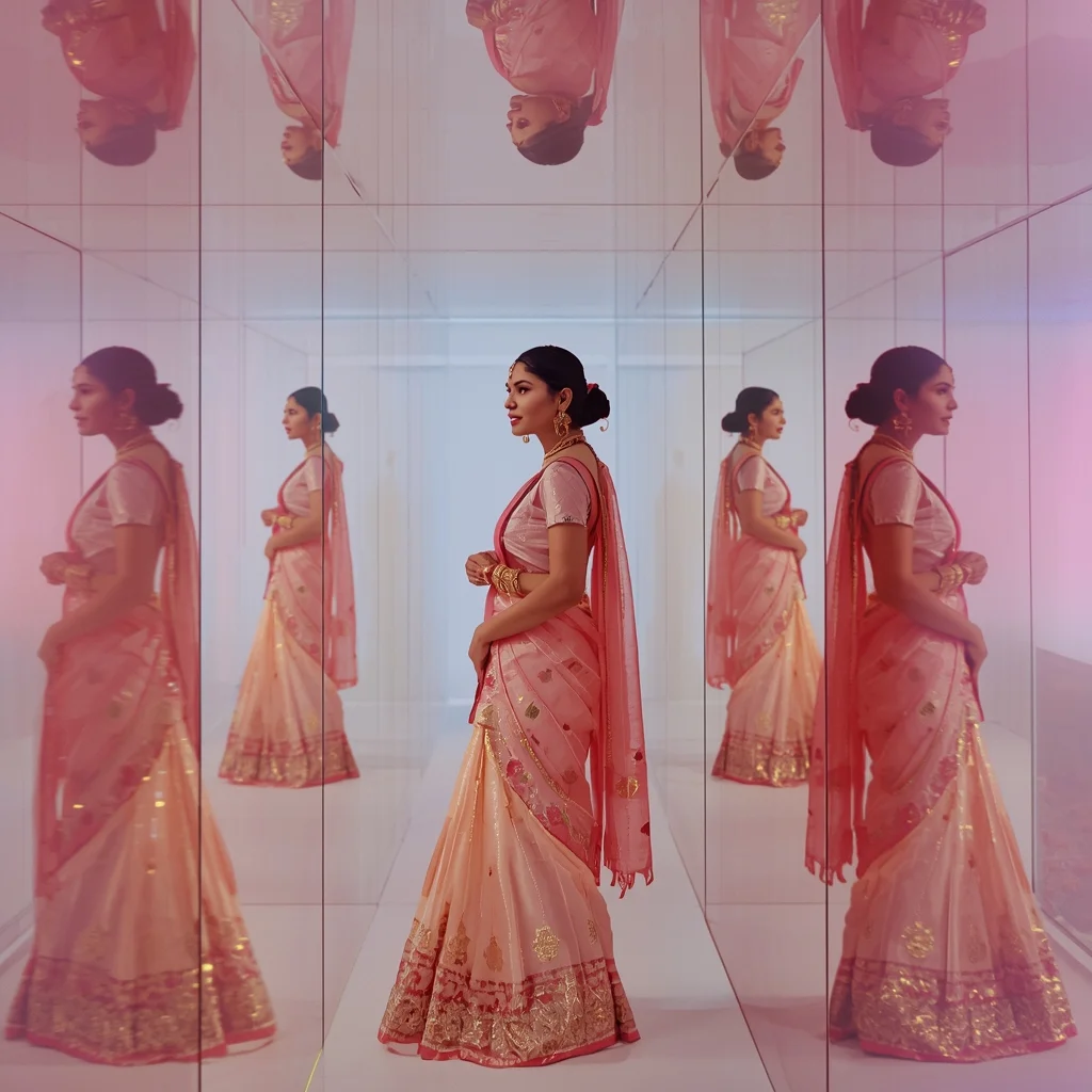 Festive Pastel Saree Glass Tunnel Collage | Indian Girl Depth Corridor Aesthetic Soft Cinematic Viral Prompt | Saree Prompt Generator