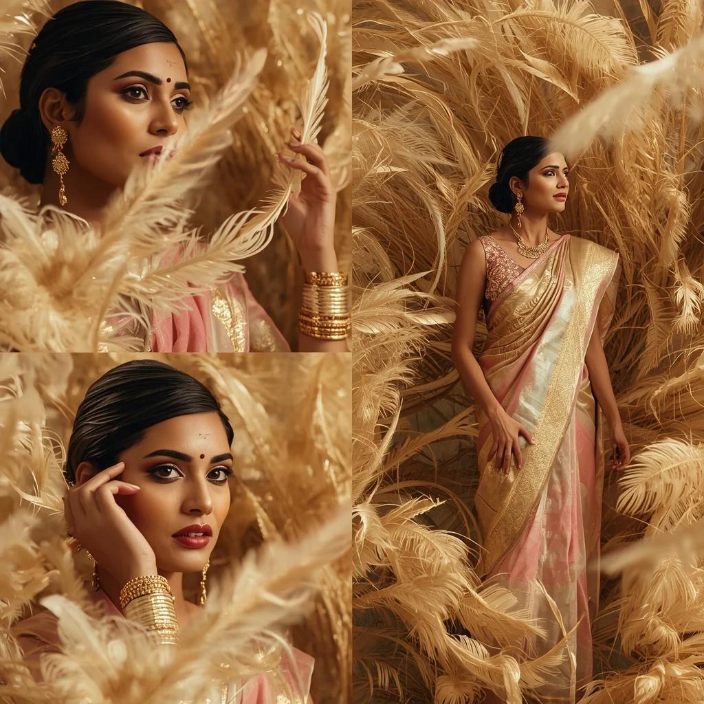 Festive Pastel Saree Golden Feather Storm Collage | Royal Luxury Prompt | Saree Ai Prompt