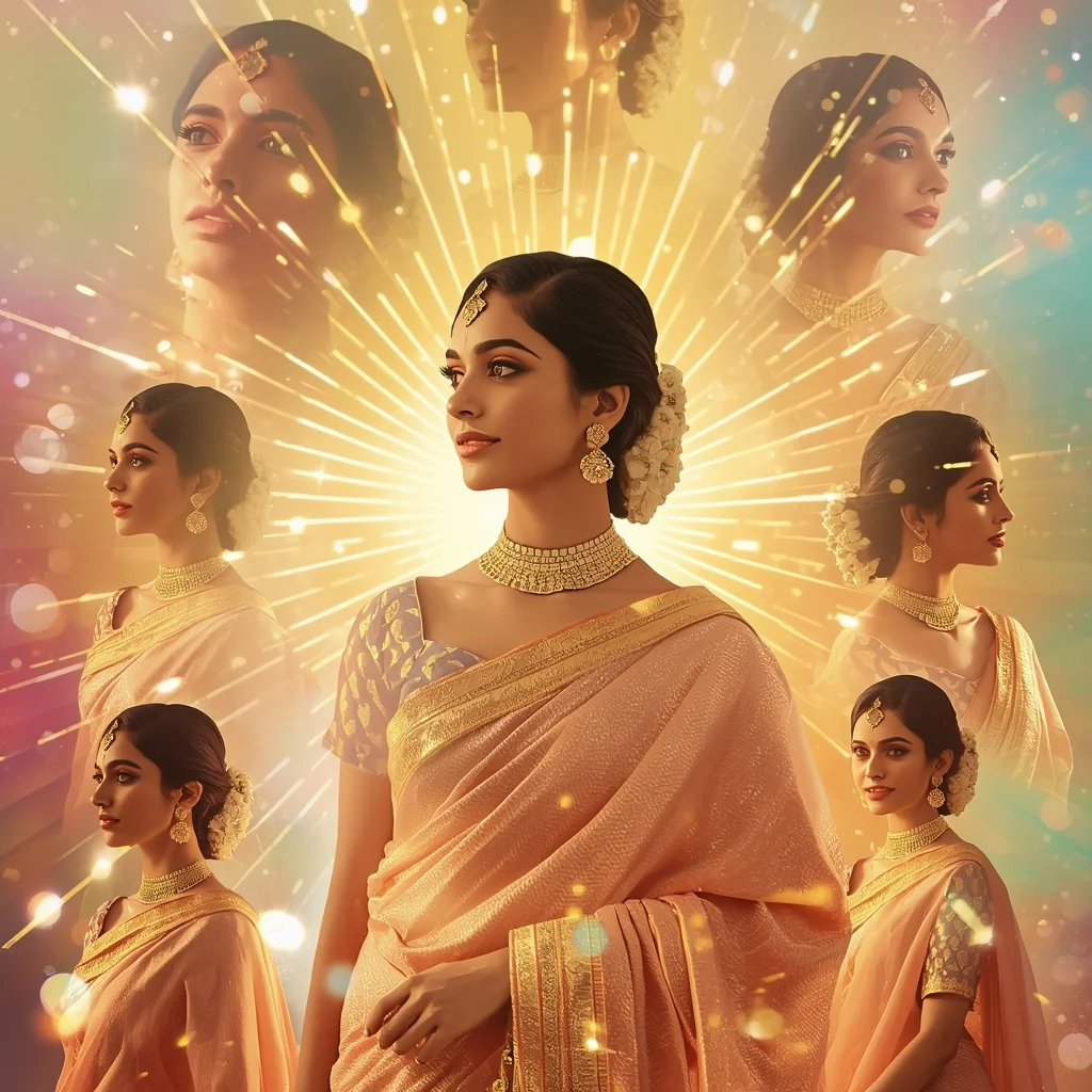 Festive Pastel Saree Golden Shine Spectrum Burst Collage Luxury Cinematic | Saree Prompt For Gemini Girl In English