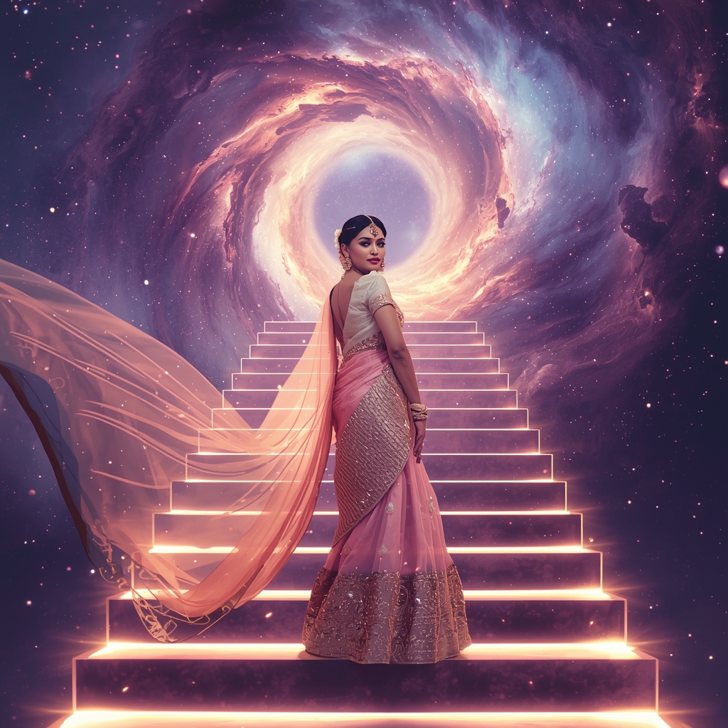 Festive Pastel Saree Grand Infinite Cosmic Staircase Collage | Majestic Galaxy Prompt | Gemini Ai Prompt Saree Copy Paste