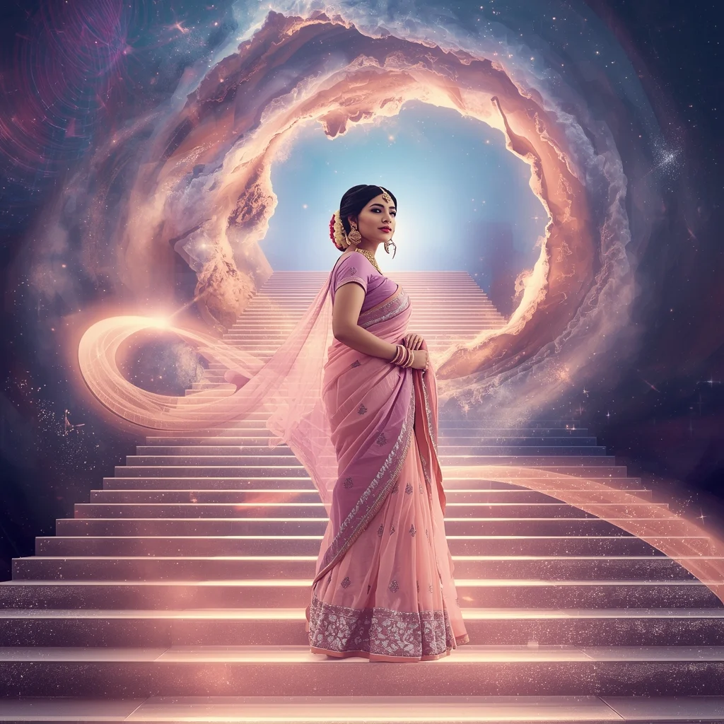 Festive Pastel Saree Grand Infinite Cosmic Staircase Collage | Majestic Galaxy Prompt | Prompt Gemini Saree